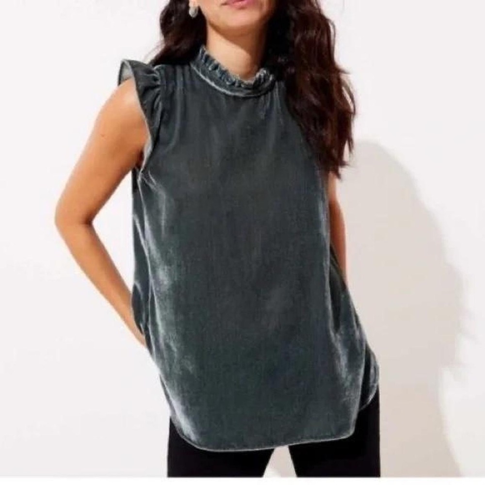 Crushed velvet LOFT chrome sleeveless top ruffle high neck blouse holiday Small